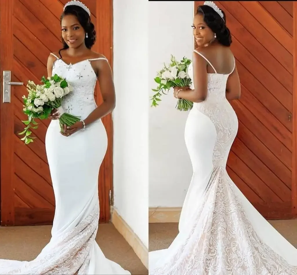 Robe De mariée sirène africaine, Sexy, bretelles Spaghetti, avec des appliques en dentelle, dos nu, traîne