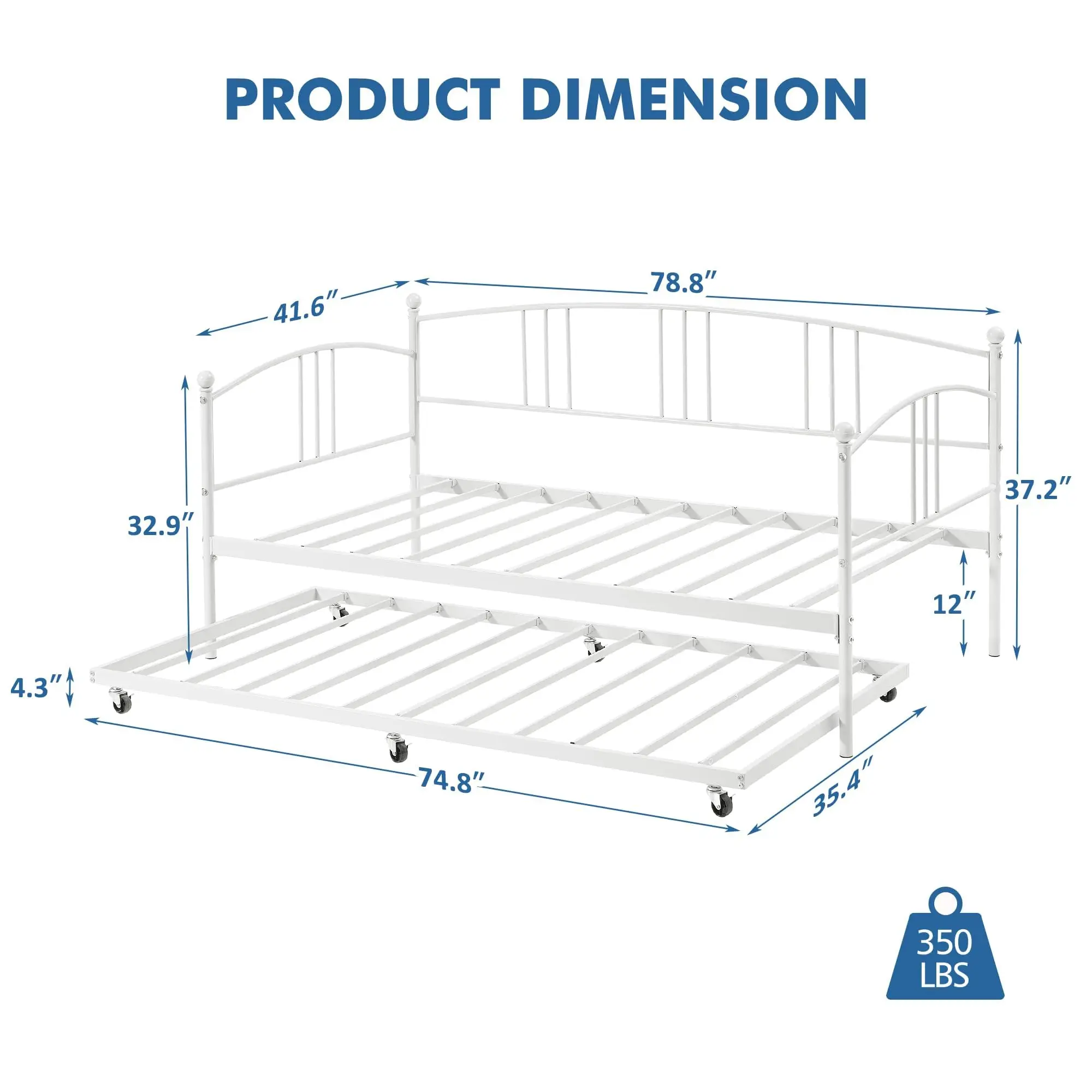 Twin Daybed with Trundle, Sturdy Metal Day Bed with Arched Headboard and Steel Slat Support, Pullout Trundle with 6