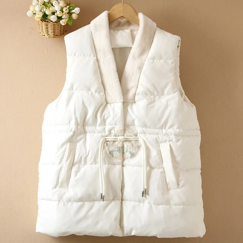 

2026 New Winter Parkas Vest Vintage Women Casual Chinese V-neck Waistcoat Black Sleeveless Button Embroidery Down Cotton