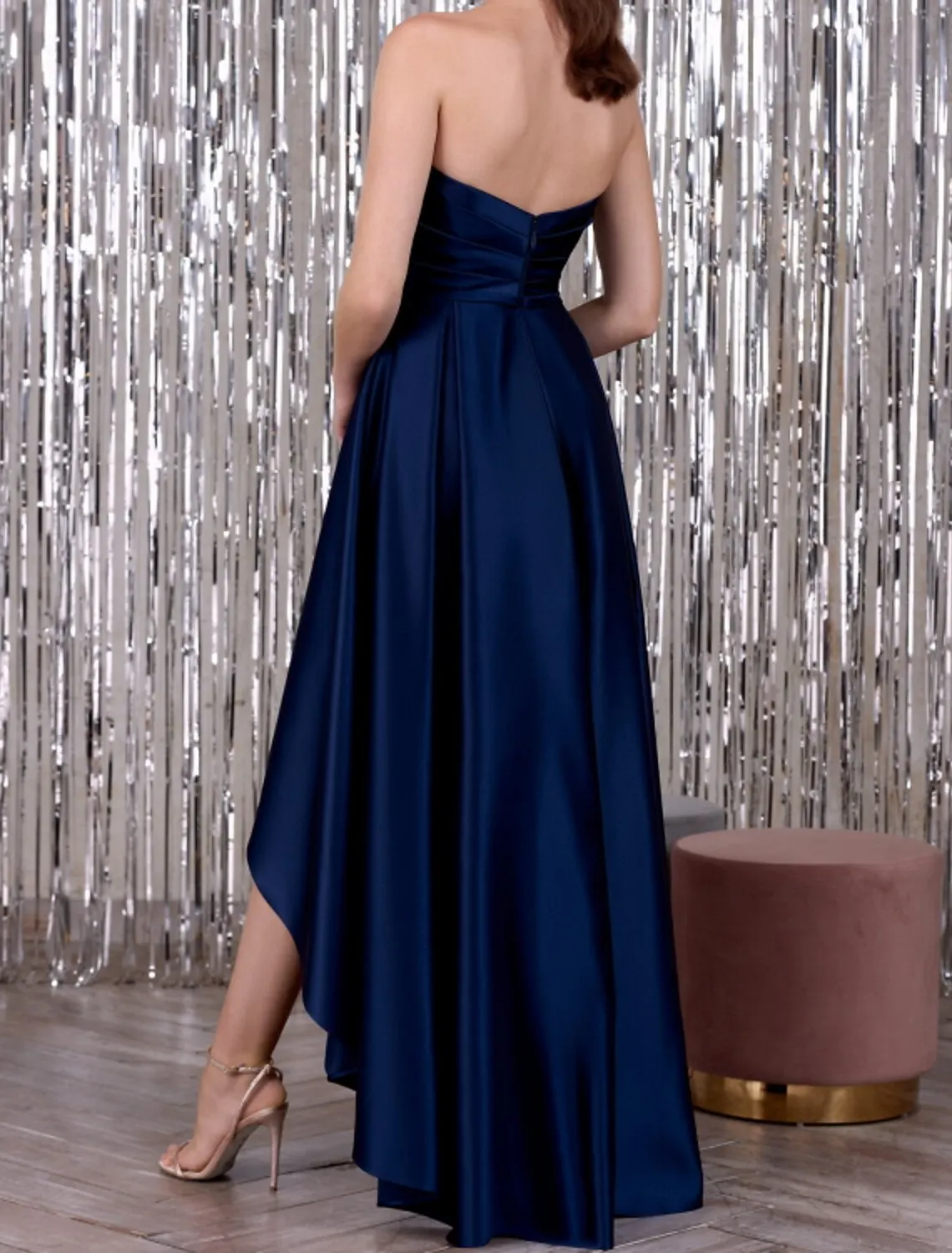 Robe de soirée froncée bleu marine, tenue de Rhsimple, haut bas, sans bretelles, en fibre de satin, peu importe, 123