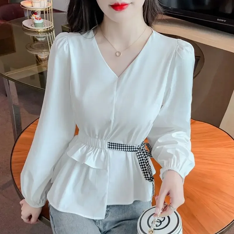 Women's Clothing Drawstring Bow Shirt Spring Commute Waist Ruffles Folds Fashion Asymmetrical Basic Casual V-Neck Blouse B785