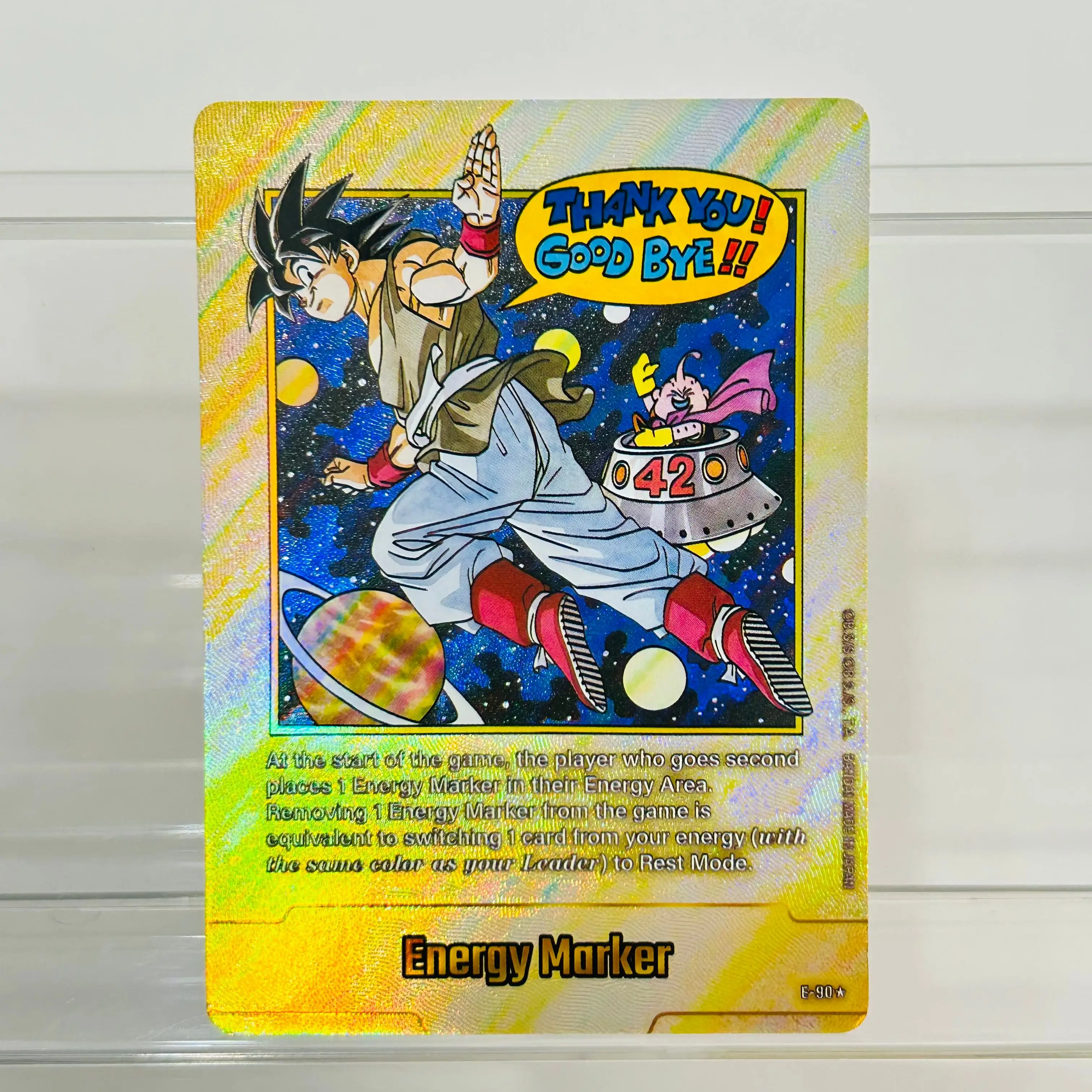 

Dragon Ball E-90 Goku Buu DIY Energy Marker Card English Version Gold Foil Holographic Texture Premium Anime Collection Card
