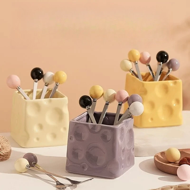 1pc Ceramic Mouthwash Cup Spoon Fork Storage Cup Cheese Ceramic Jar Household Daily Necessities Makeup Brush Storage Cup