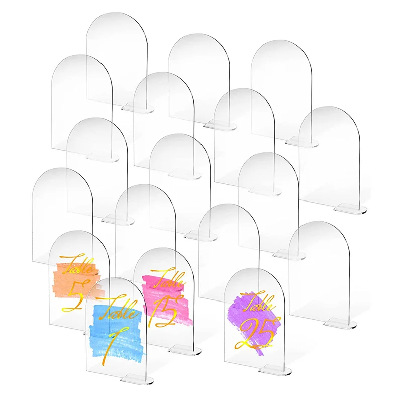 حار 25 مجموعات 4x6 بوصة واضح قوس الاكريليك تسجيل مع حامل فارغة مقوس جولة أعلى ورقة قوس الجدول أرقام لحفل الزفاف