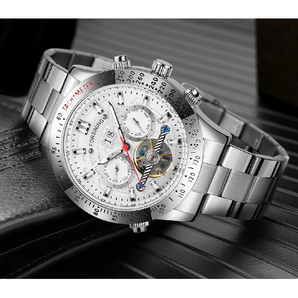 FORSINING Automatic Men Watch Tourbillon Mechanical Stainless Steel Band Military Multifunctional Date Day Month Male Wristwatch