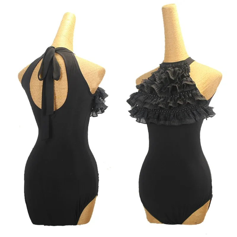 

Latin Dance Clothes Women Ruffled Black Bodysuit Sleeveless Summer Practice Clothing Rumba Ballroom Dance Tops Adult DNV20434