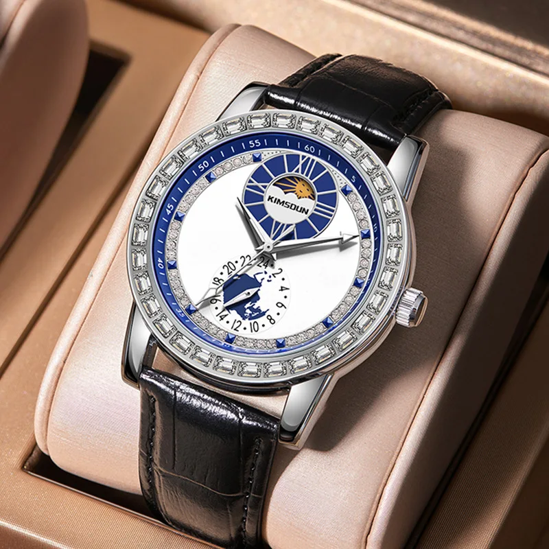 Stainless Steel New Four-Hands Moonphase Luminous Waterproof Precision Leather Strap Self-Wind Automatic Watch for Men