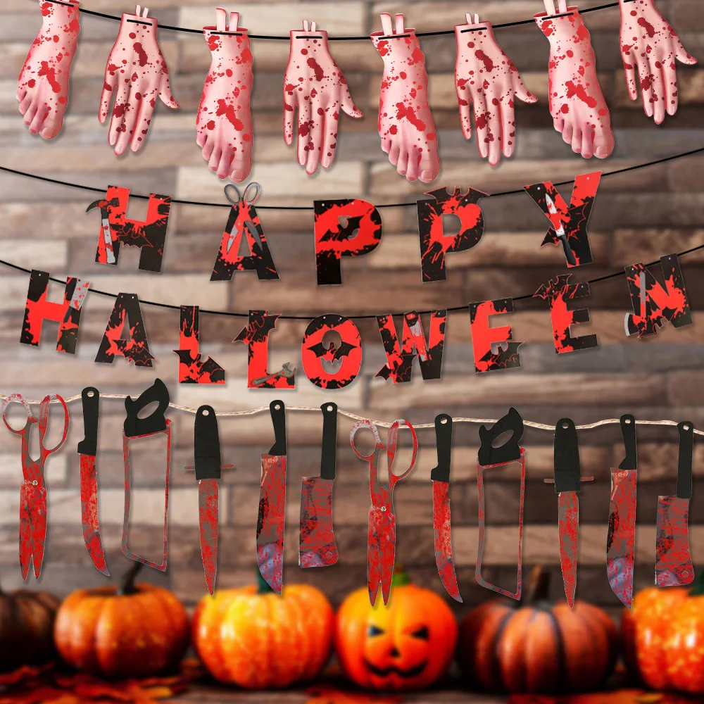 Halloween pull flag decoration blood knife lettere banner di carta forniture per feste casa stregata puntelli horror pull flower hanging de