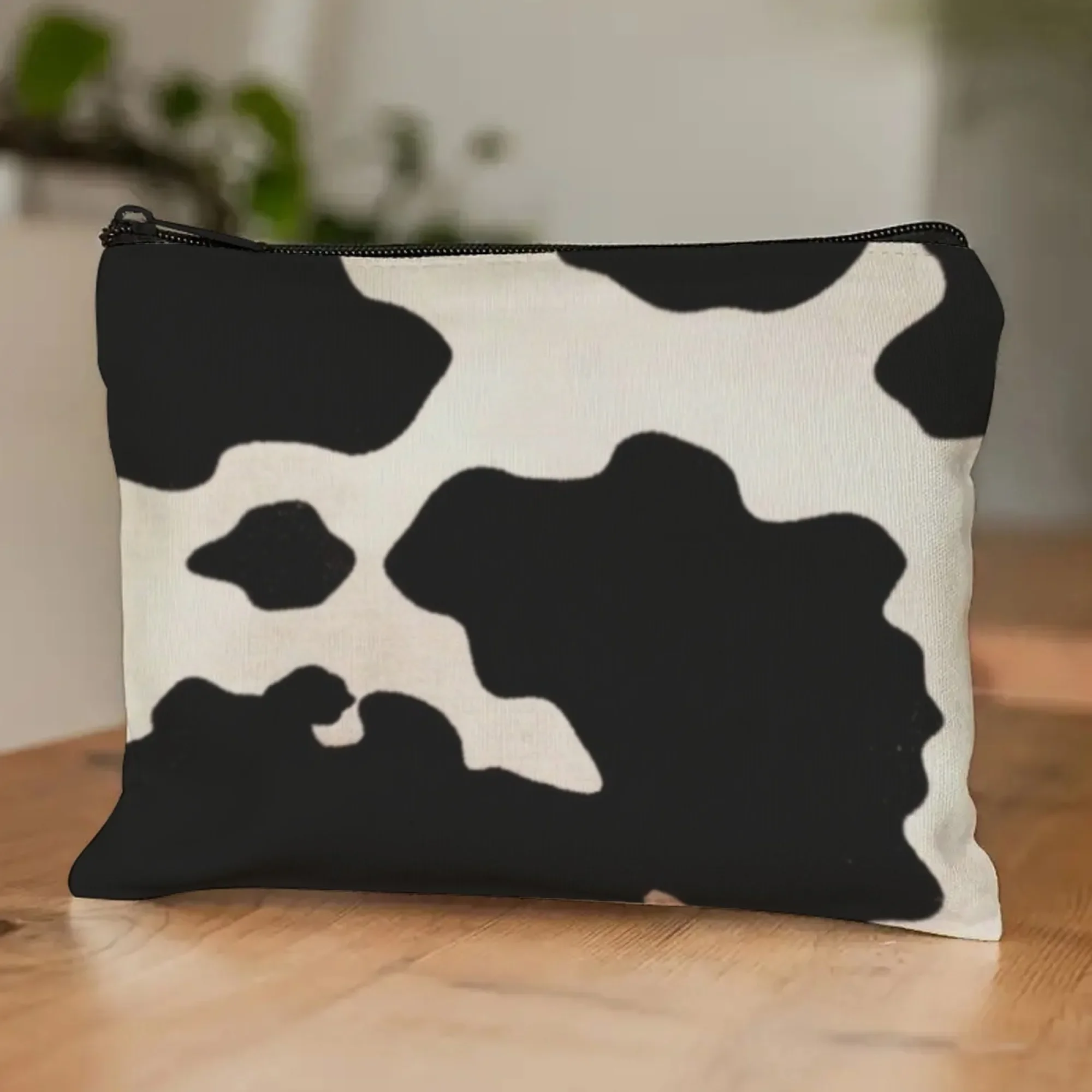 Unisex Black White Cow Print Cosmetic Bag,Lightweight Zipper Pouch Travel Makeup Organizer,Trendy Daily & Trip Essential