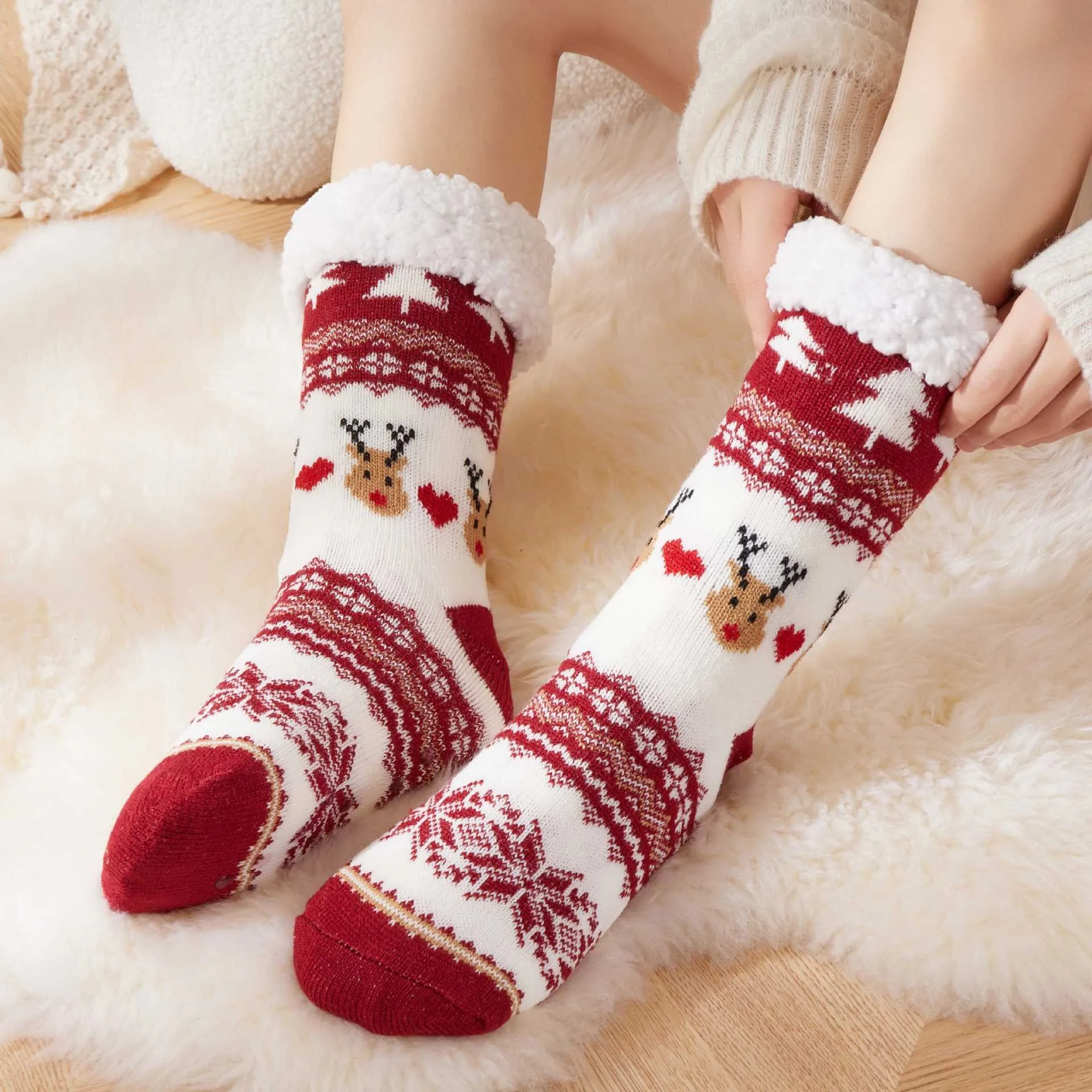 

Winter Warm Socks Women penguin Plush Soft Female Non Grip Floor Slippers Short Sock Fuzzy Fluffy Deer Elk Bear Christmas Gift