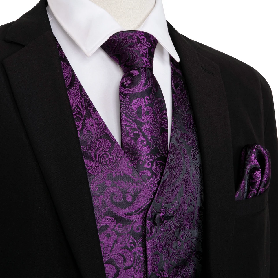 Designer Vest for Men Purple Embroidered Silk Waistcoat Tie Pocket Square Set Wedding Formal Male Suit Party Barry Wang