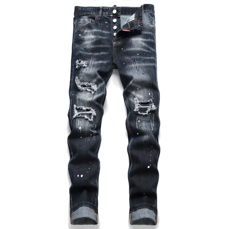 

Men's Seasonal Scratched Hole Trouser Feet Jeans Work Pants 3D Splice Slim Black Grey Gradual Color Change Stretch High Street 2