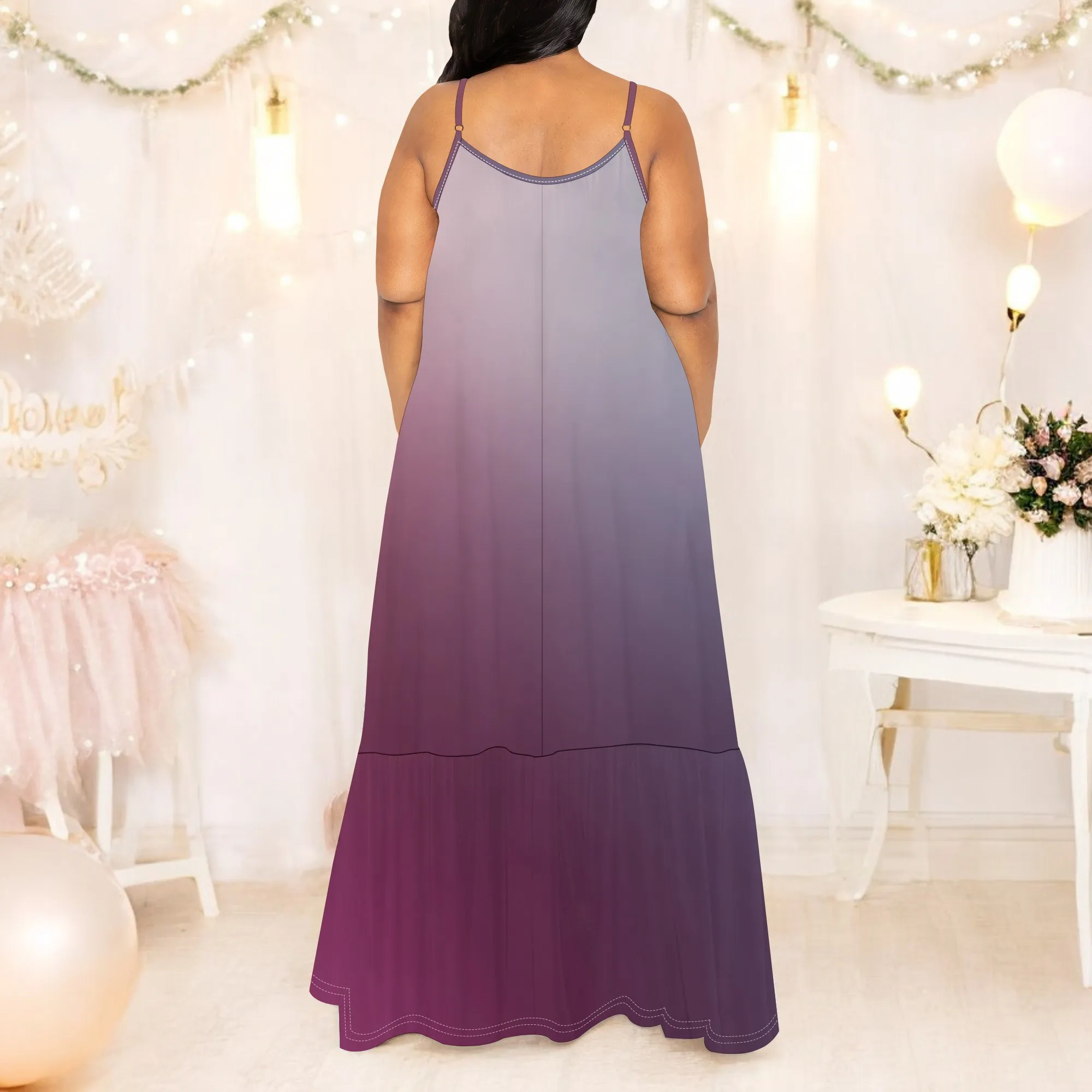 ผู้หญิงฤดูร้อน Maxi ชุดยาวลําลอง Boho สปาเก็ตตี้สายคล้องคอสีทึบ Gradient Beach Flowy Sun Dresses