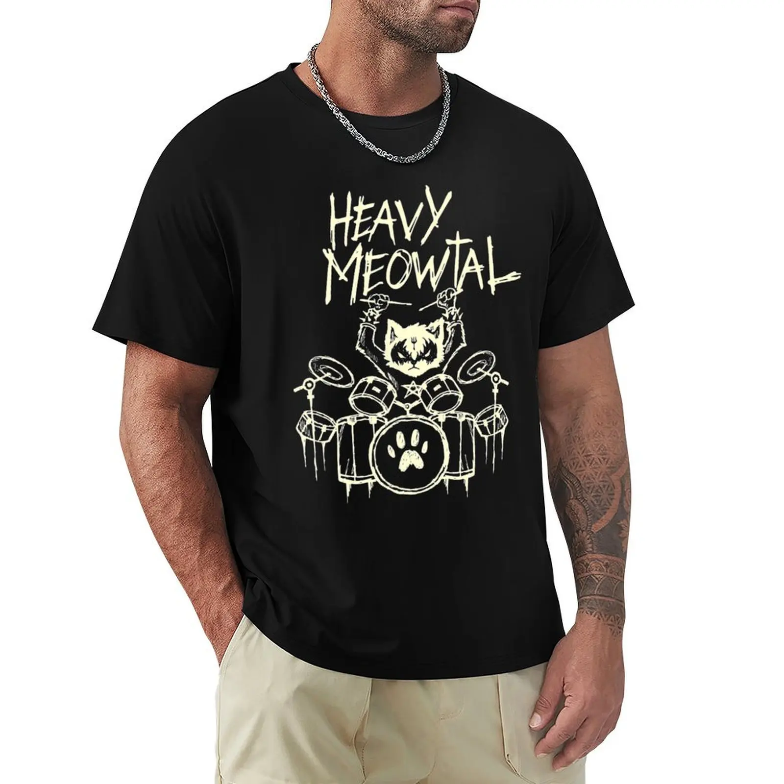 

Heavy Metal Headbanger Gift Drummer Cat Playing Drum Meowtal T-Shirt Classic Graphic Short Sleeve Top
