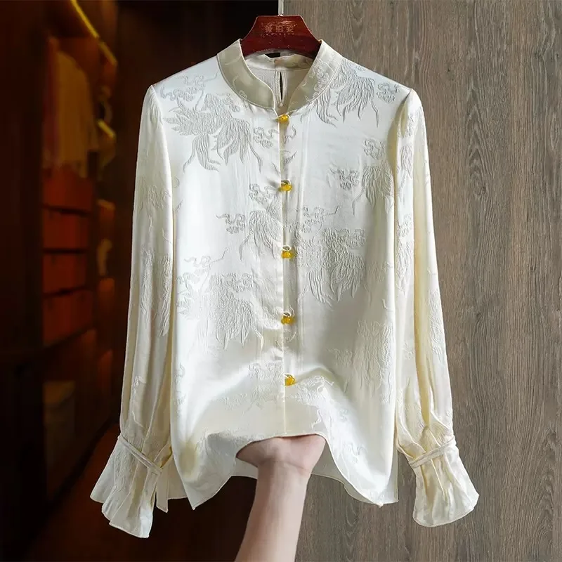 Chinese Style Vintage Women\'s Shirts Spring Summer New Silk Flower Blouses Long Sleeves Women Tops Loose Clothing