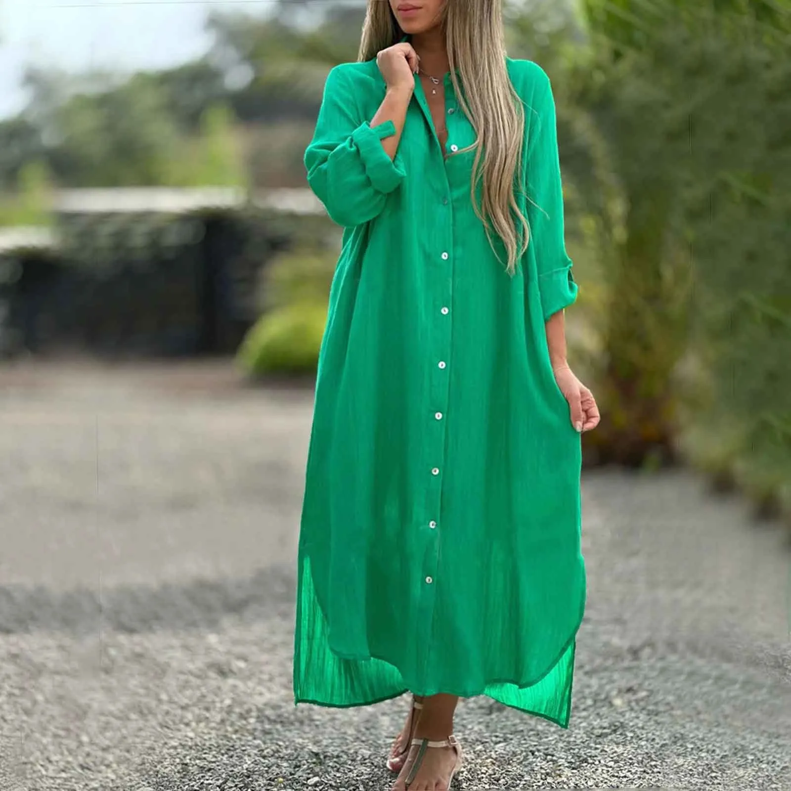 2024 Sommer Frauen drehen Kragen Langarm Maxi kleider lässig Polyester Knopf Hemd Kleid Urlaub lange Kleider Robe