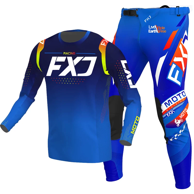 

2025 blue FXJ motocross jersey and pants mtb mx gear set combo off road motorcycle racing suit enduro equipment DH MTB Dirt Bike
