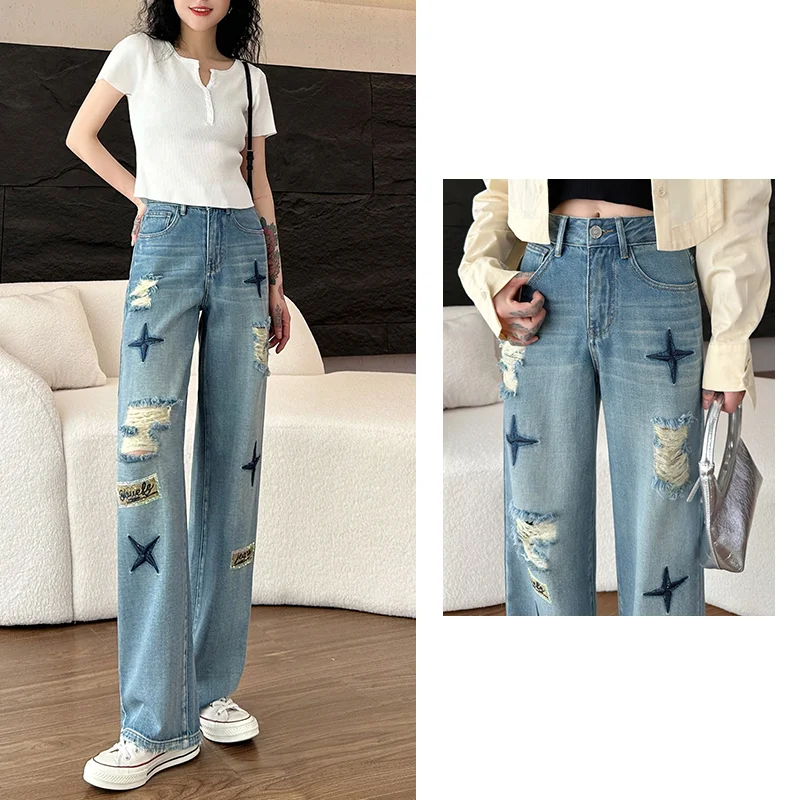 2023 Spring/Summer Thin Cut Hole Wide Leg Jeans, Small Stand, High Waist, Slim, Versatile, Straight Leg Floor Sweeper Pants