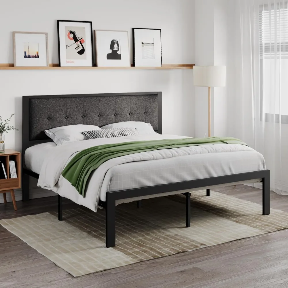 

King Size Platform Bed Frame with Upholstered Headboard Metal Slats Support Button Tufted Square Stitched Headboard Noise Free