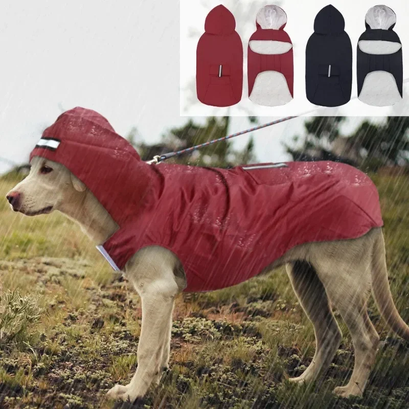 Casaco impermeável com capuz com listra reflexiva para cães, impermeável, roupas de chuva, acessórios ao ar livre, cães médios e grandes
