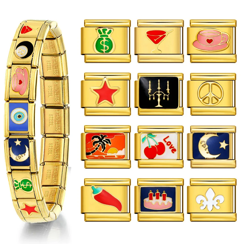 Abalorio elástico italiano compatible con 9mm de acero inoxidable Color dorado pastel de cumpleaños copa de vino Chili café DIY pulsera hacer cuentas