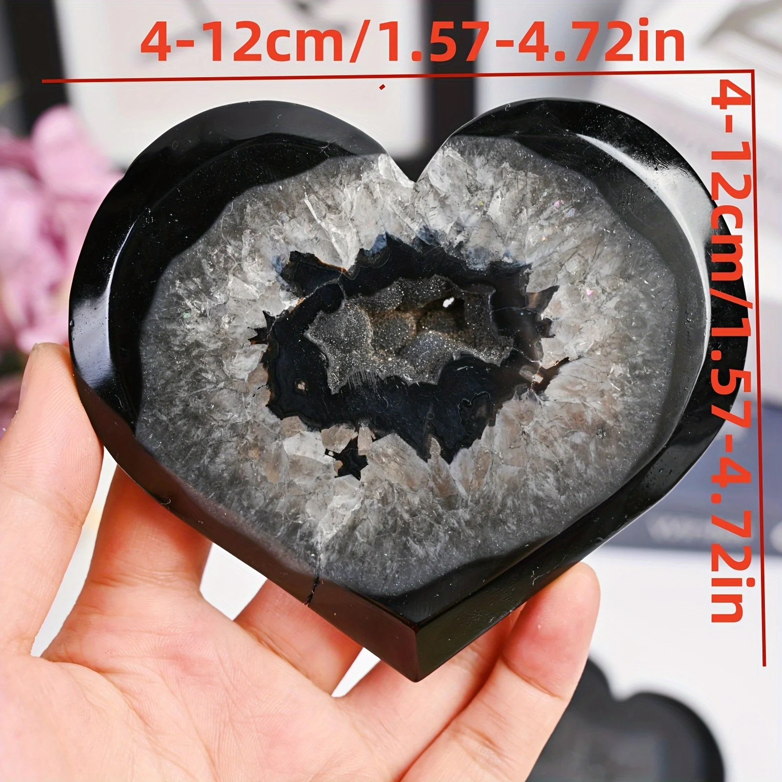 Stunning Black Agate Heart-Shaped Geode Crystal - Natural Glitter Gemstone, Polished Pocket Stone For Home Decor & Gifts