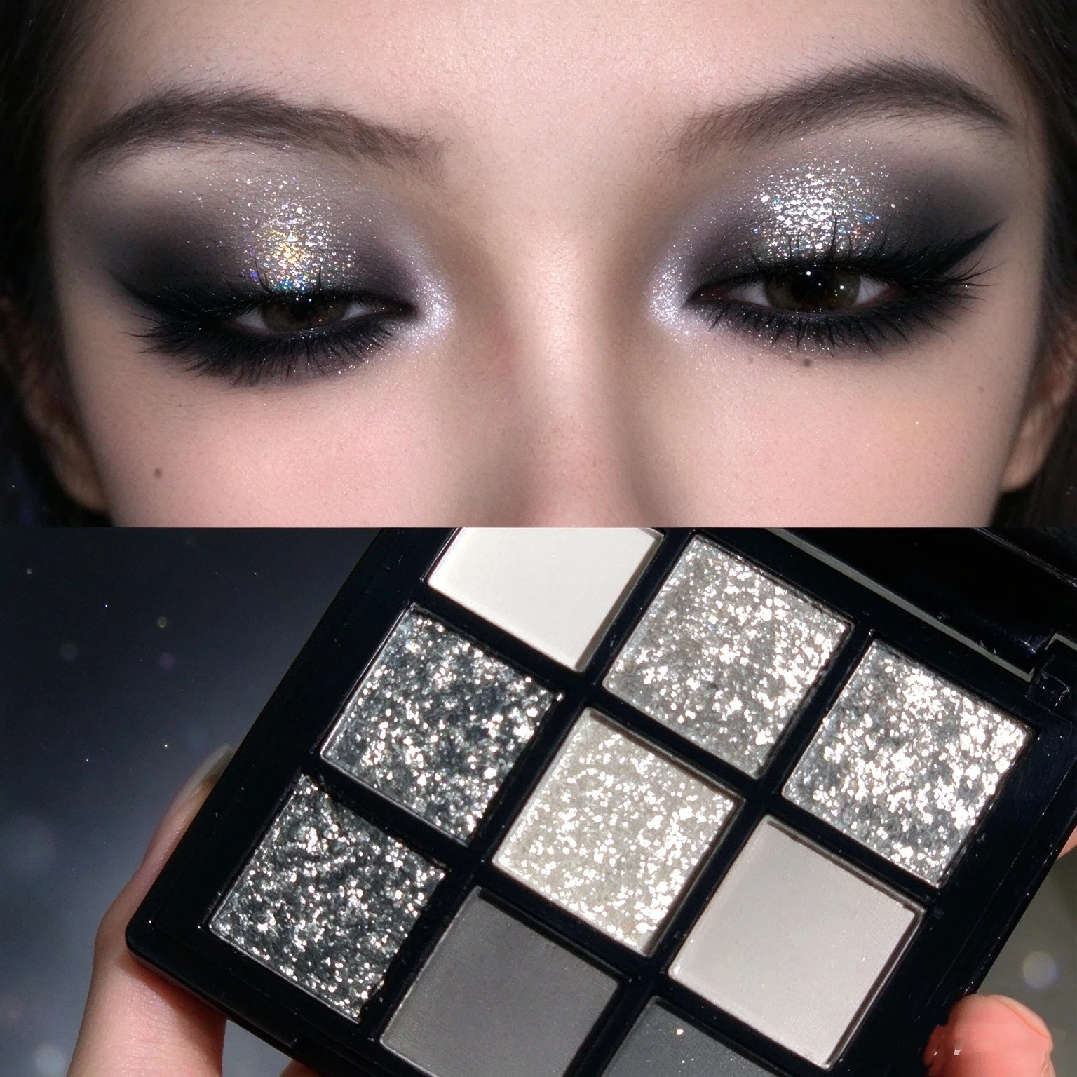 9 Colors Dark Grey Eyeshadow Palette, Shimmer Fine Glitter, Cool Smoky & Wild Grunge Makeup for Halloween COS