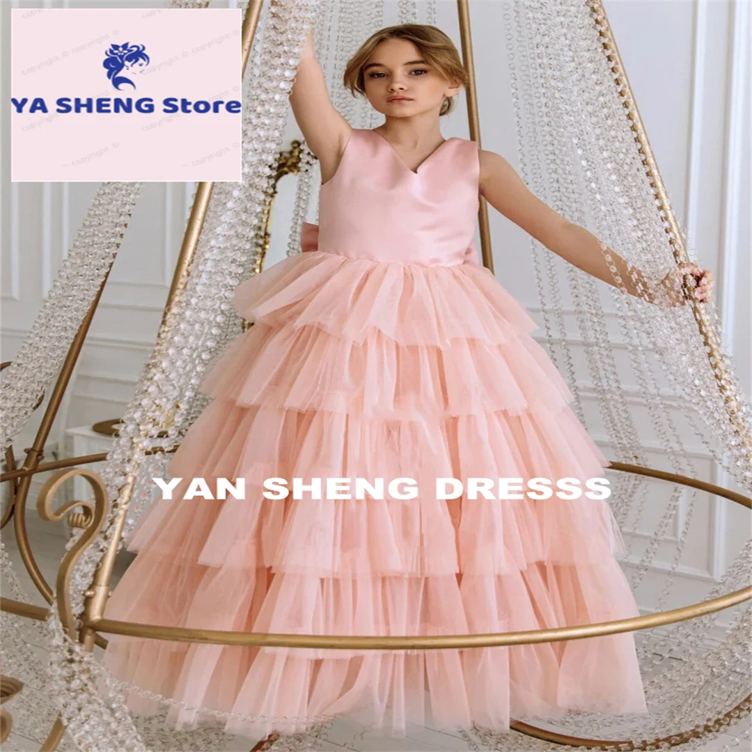 

Customized Pink Tulle Tiered Flower Girl Dress with Bow Sleeveless Customizable for Wedding Birthday Party Banquet Princess Gown