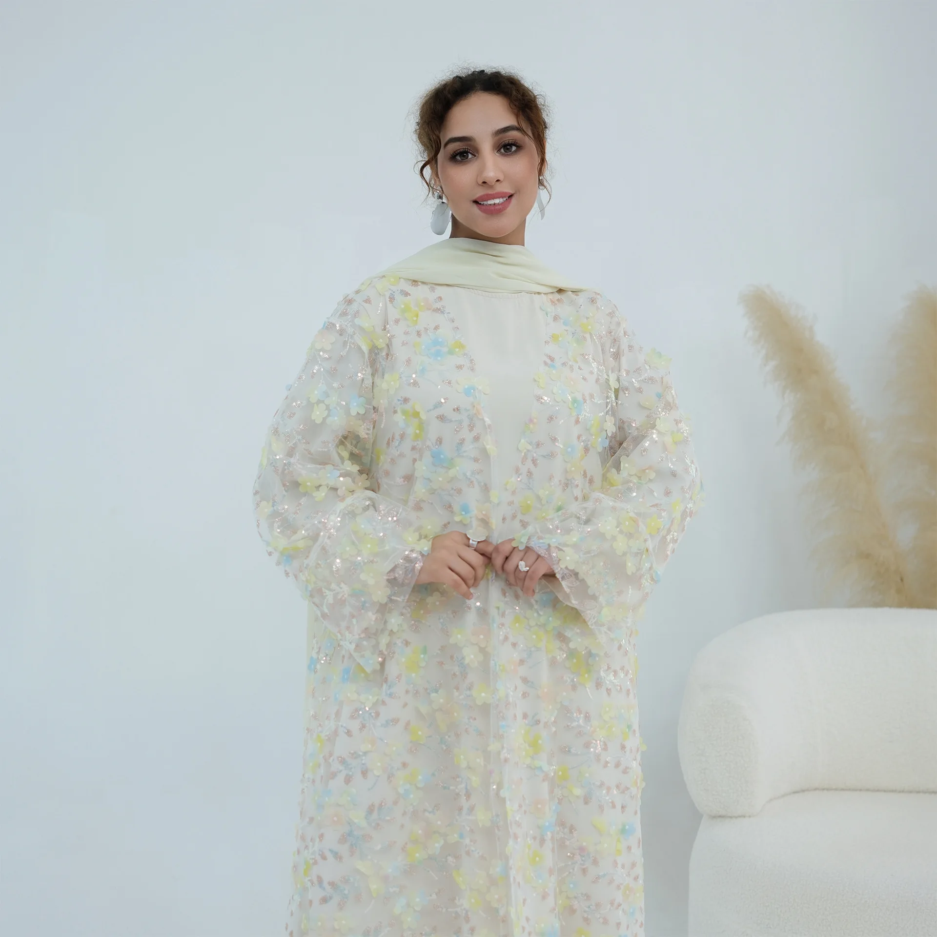 عباية زهراء الإسلامية مع فستان داخلي وحجاب مزين بالدانتيل وزهور ثلاثية الأبعاد، طقم من 3 قطع، فساتين نسائية للعيد، عباية نسائية مسلمة 23