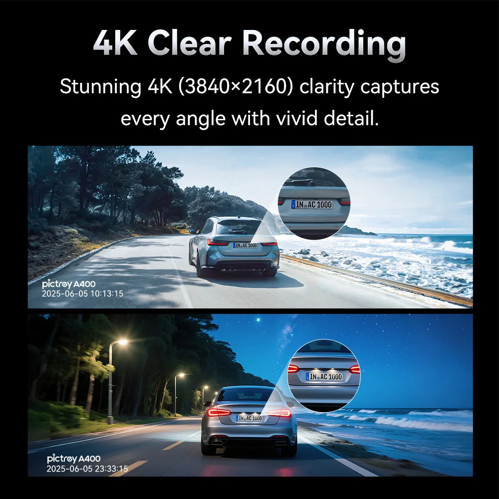 كاميرا Pictrey A400 4K Dash مع WiFi ADAS للرؤية الليلية 1.9 بوصة IPS تدعم شاشة ركن السيارة 24 ساعة
