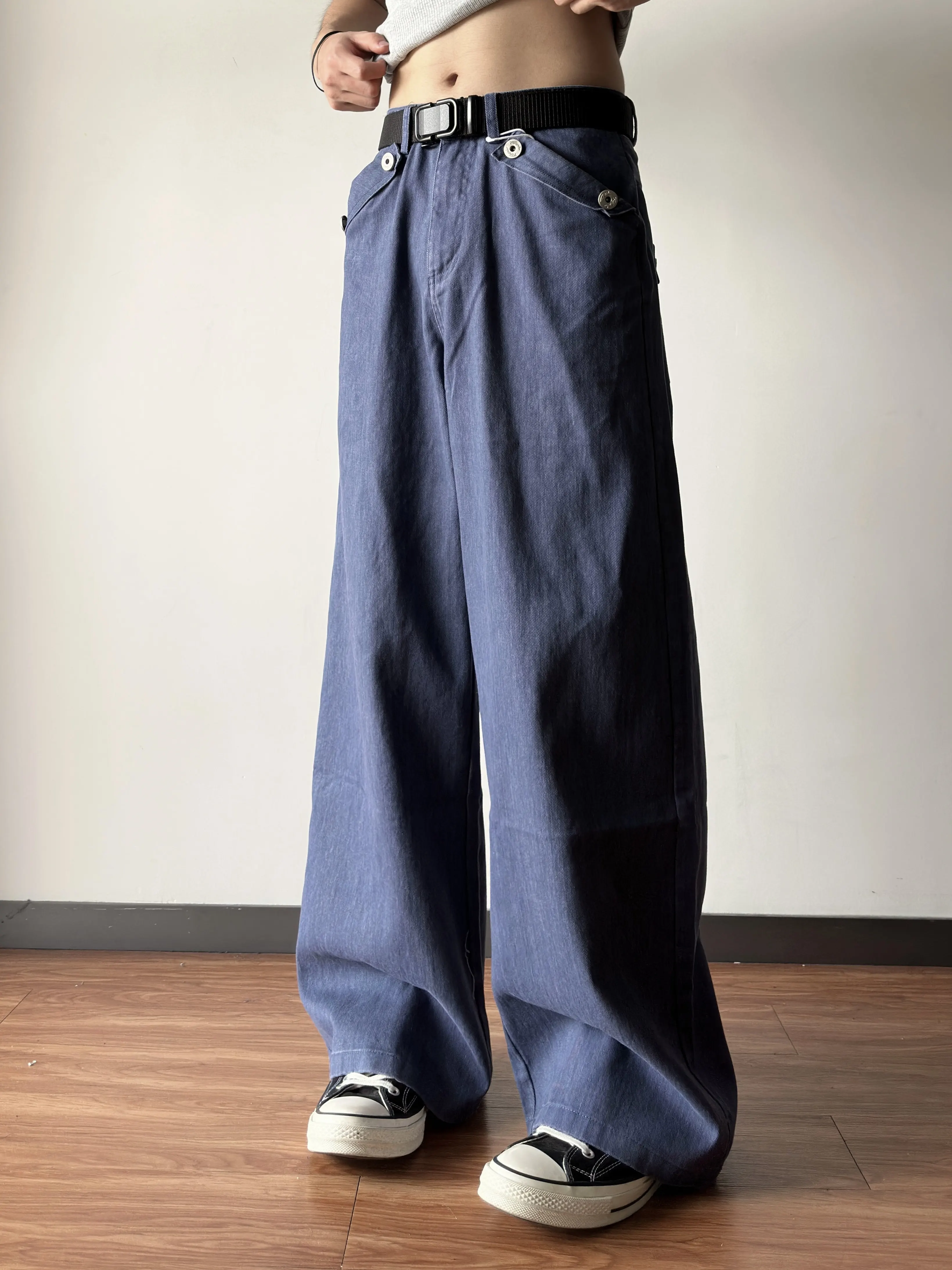 Retro American High Waist Paris Button Elegant French Work Blue Faded Knife Pants Loose Straight Wide Leg Floor-Length Trouse...