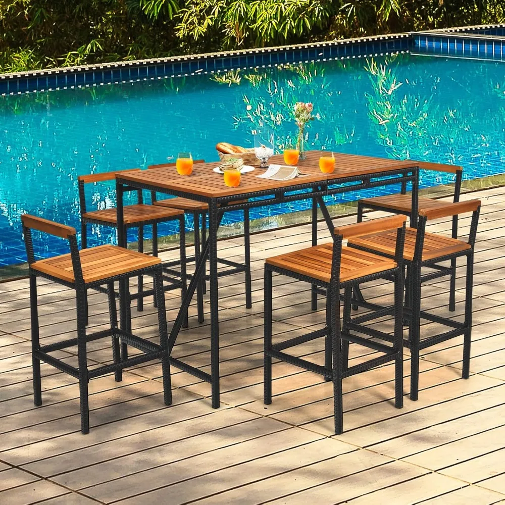 7-Piece Outdoor Acacia Wood Bar Set, Patiojoy Outdoor Rattan High-Dining 6 Bar Stools and 1 Rectangular Table with Umbrella Hole