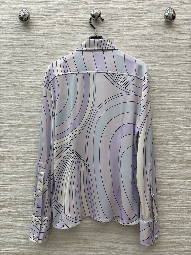 Spring Summer Fashion Daily Indoor Casual Geometric Print Blouses Women's Turn-down Collar Long Sleeve Single Breasted Shirt