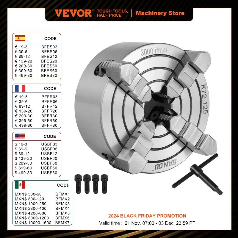 VEVOR 4-Jaw Lathe Chuck K72-125 125 mm / K72-100 100 mm Independent Reversible Jaw Metal Lathe Chuck Turning Machine Accessories