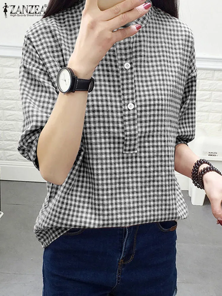 ZANZEA Summer Fashion O Neck Half Sleeve Blouse Women Plaid PChecked Shirt Female Elegant Work Blusas Casual Buttons Down Tops