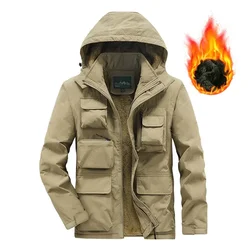 Men Hooded Outdoors Multi Pockets Tooling Jackets Fleece Warm Long Down Jackets Good Quality Male Casual Winter Parkas Size 4XL