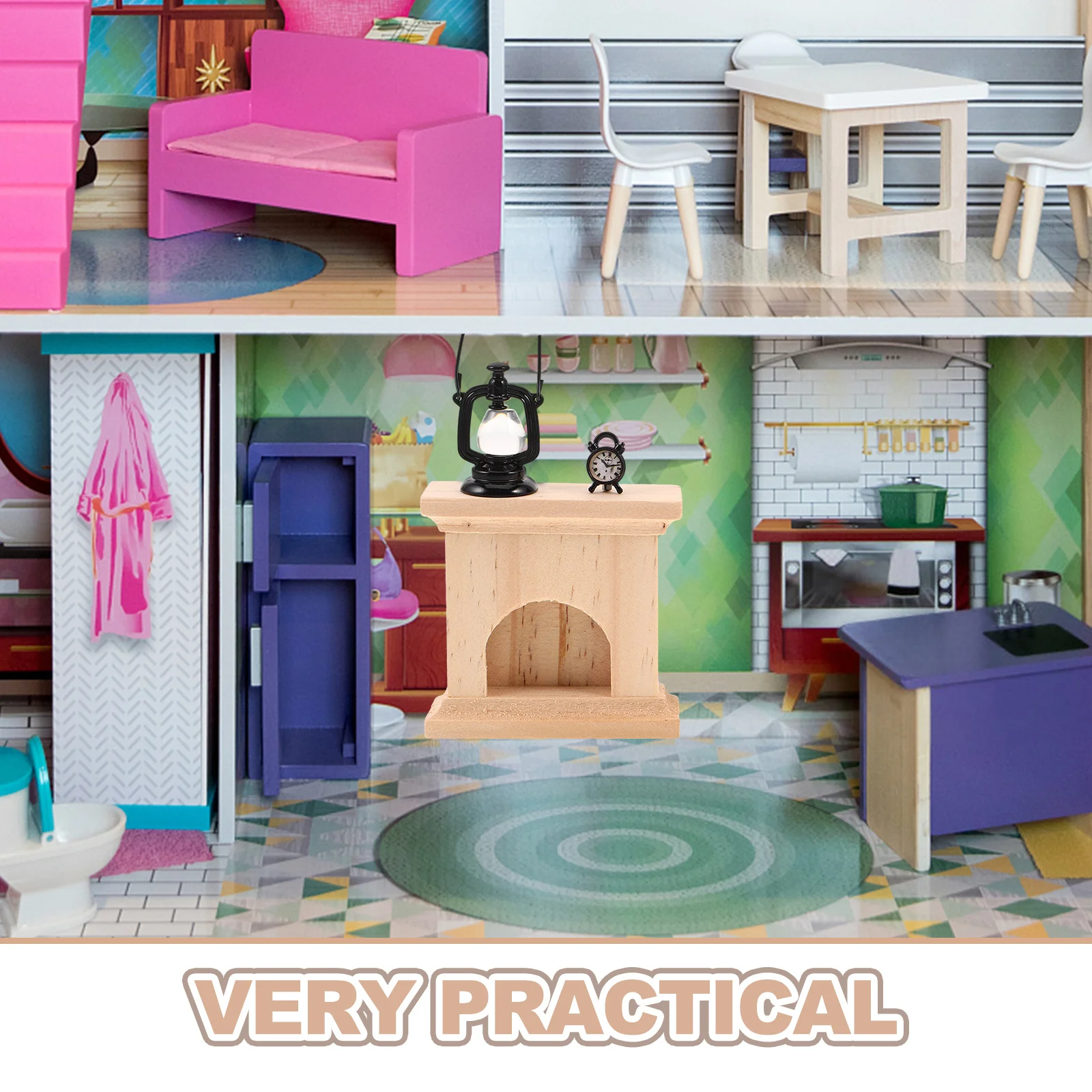 2set Miniature Wooden Fireplace Set With Vintage Lamp Clock Dollhouse Christmas Decor For Micro World Pretend Play