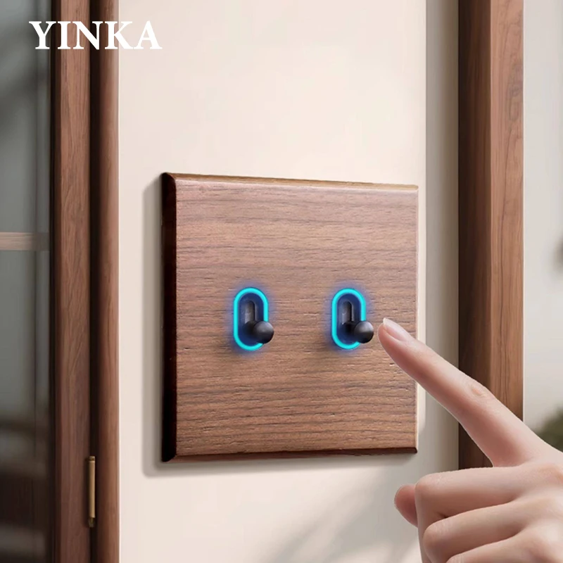 YINKA Solid Wood Wall Switch and Socket Natural Wooden Panel 86x86mm Modern UK Style for Home Hotel Office Easy Installation