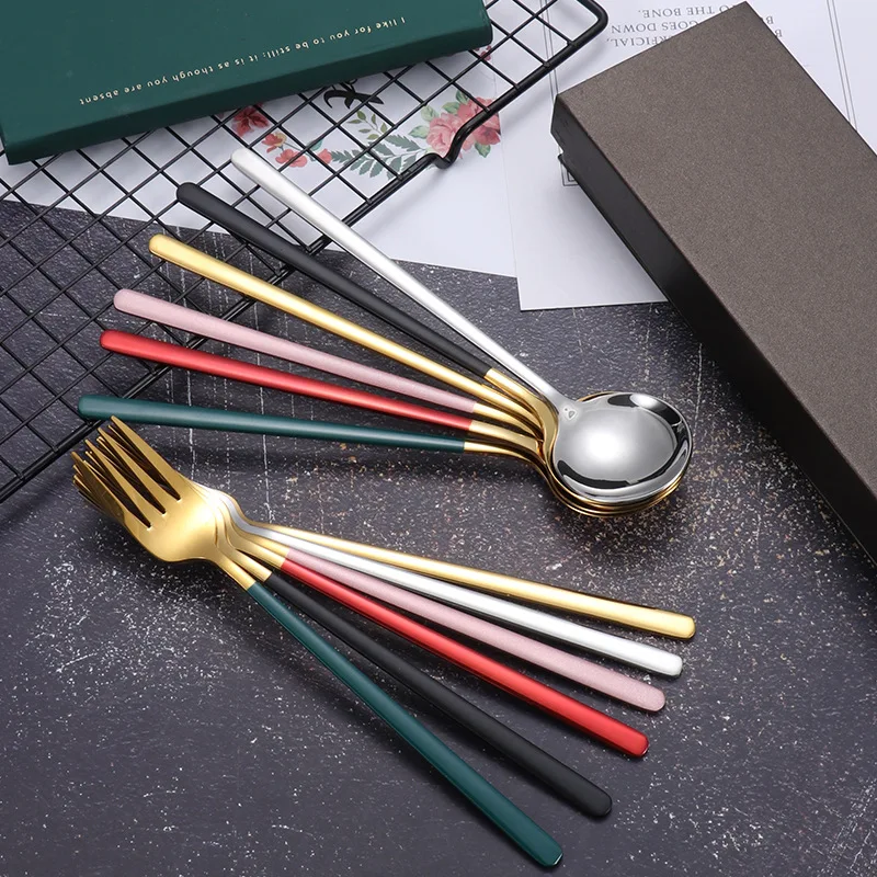 Multi-Color Titanium-Plated Stainless Steel Spoons - Long-Handled Korean Rice Mixing Spoon & Fork Gift Set