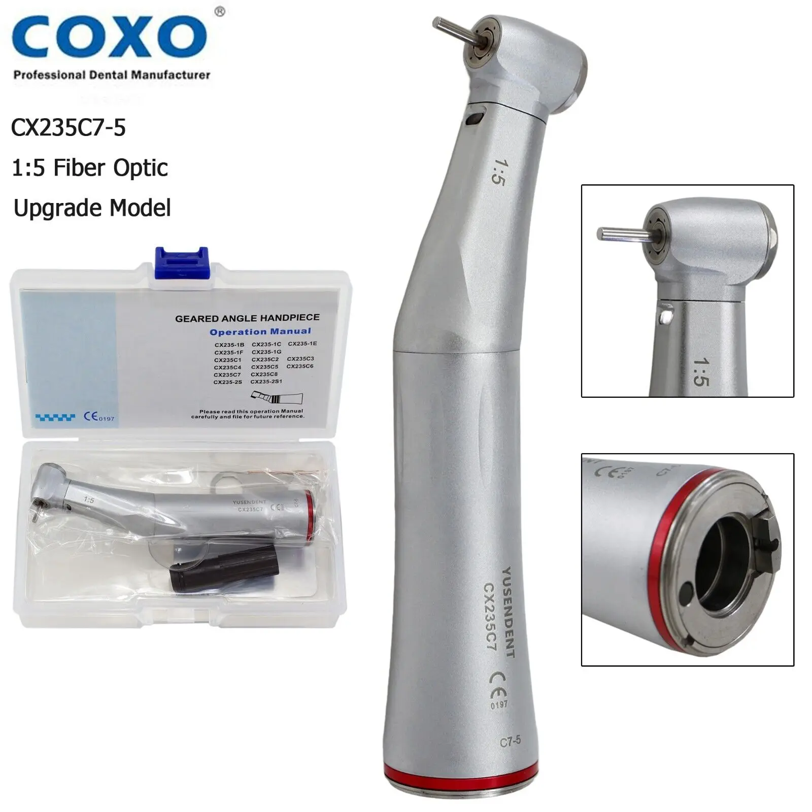 COXO 1:5 Fiber Optic LED Contra Angle Increasing Handpiece C7-5 Push Button Type 4 Water Spray Fit NSK Ti-Max Z95L