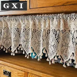 Handmade Cotton Linen Kitchen Short Curtains Crochet Lace Hollow Tassel Beige Valance Cafe Kitchen Door Window Drapes Cortinas