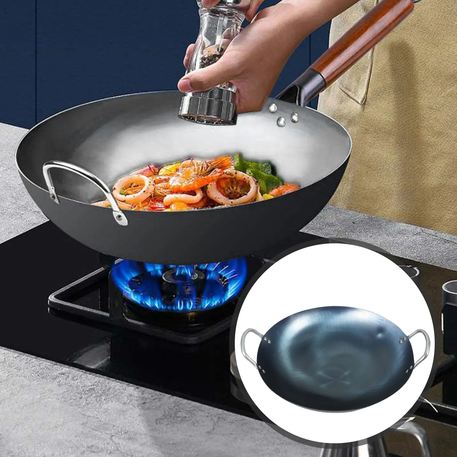 

Heavy Duty Carbon Steel Wok Pan for Gas Stove Home Cooking Fry Stir Steam Healthy Non Coating Iron Kitchen Cookware