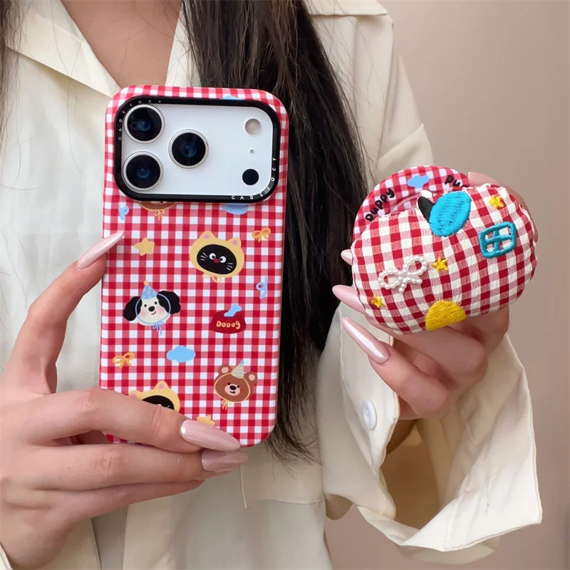 

Korean Red Plaid Pattern Animal Magnetic Phone Case For iPhone 17 Pro 14 16 15 Pro Max Cover with Stand For Magsafe Cases