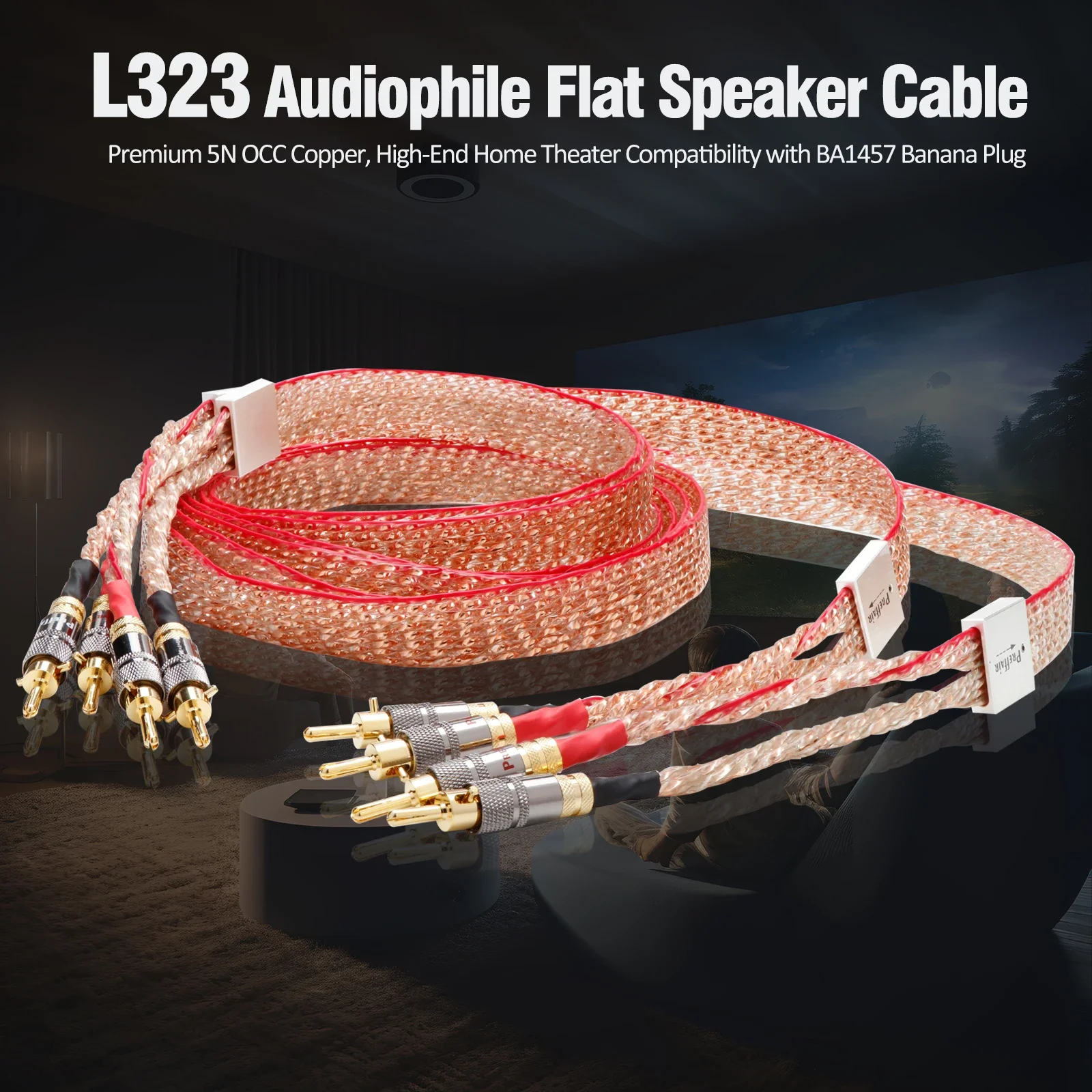 Preffair L323 Audiophile Flat Speaker Cable - Premium 5N OCC Copper, High-End Home Theater Compatibility with BA1457 Banana Plug