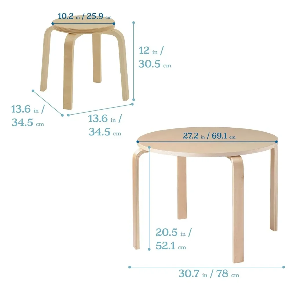 ECR4Kids-Ensemble table et tabouret arrondis en bois courbé, meubles pour enfants, naturels, assortis, 5 pièces