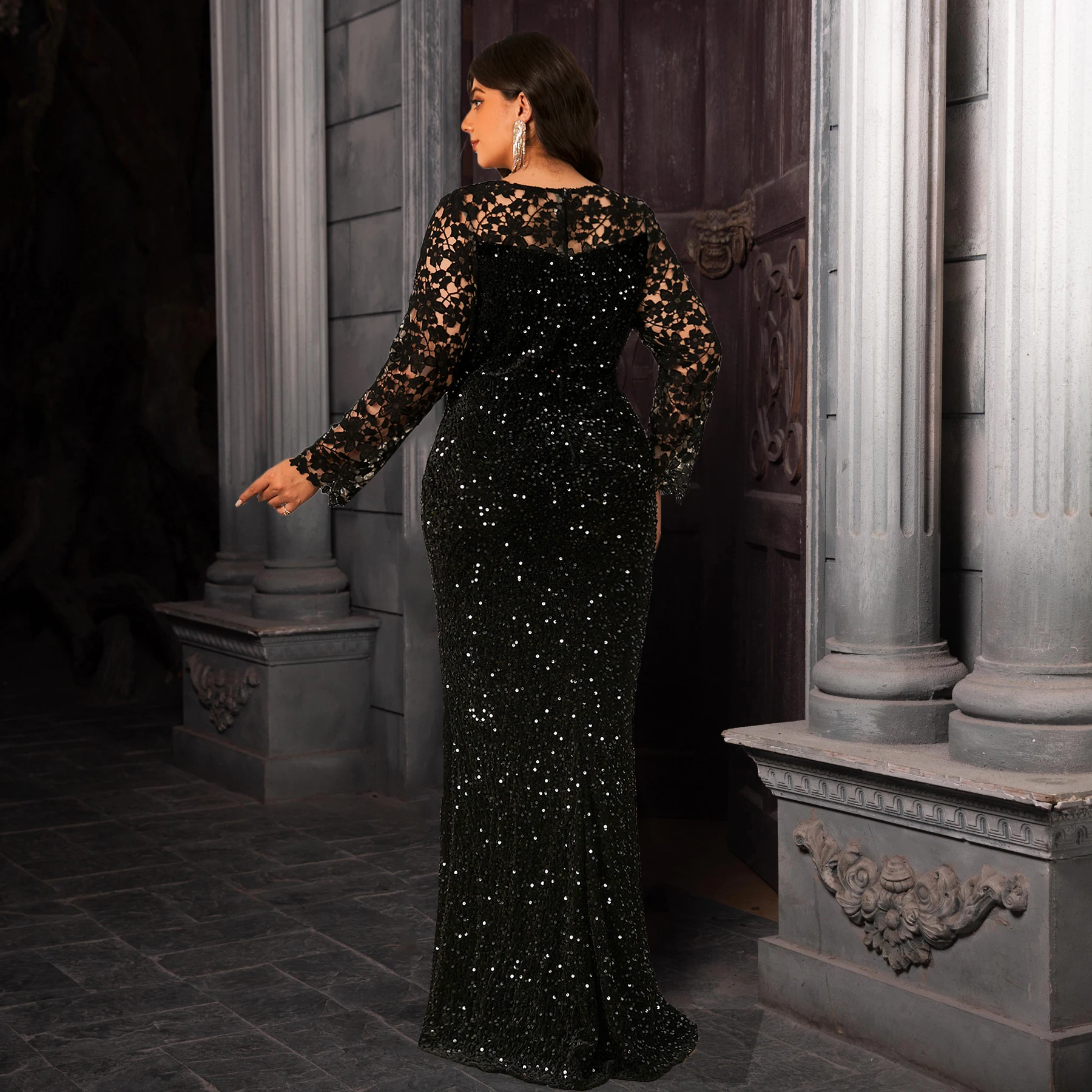 فستان سهرة منحني أنيق للنساء من الدانتيل بأكمام طويلة ومطرز مخملي مجوف فستان ماكسي متواضع #5