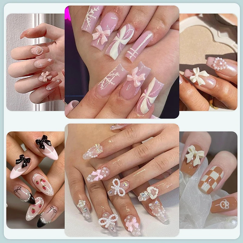 600 قطعة من دلايات قوس الأظافر ثلاثية الأبعاد واللؤلؤ المسطح للأظافر، عقدة على شكل فيونكة ملونة من الراتنج لفن الأظافر، مع ملاقط قلم الأظافر #6