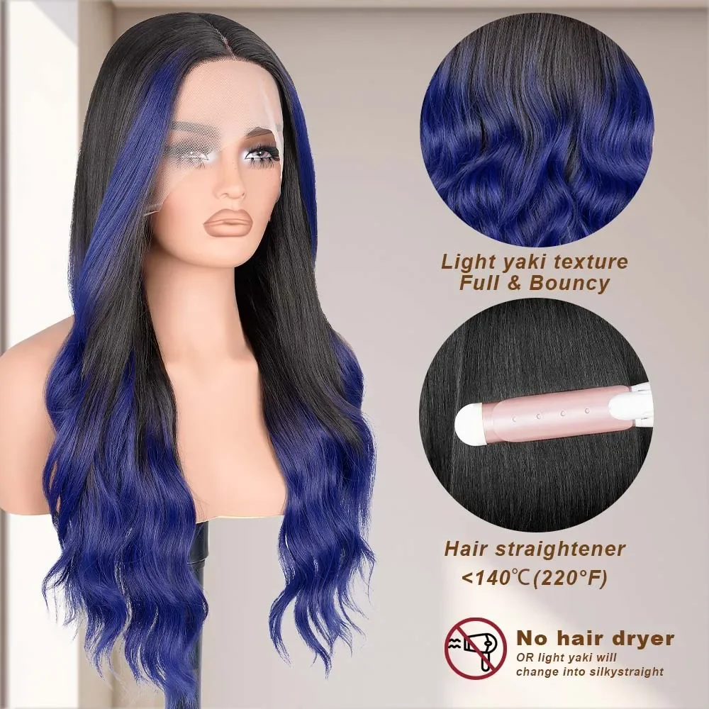 Highlight Blue Color Hair Synthetic Body Wave Lace Front Wig 13x4 Glueless Ombre Blue Lace Front Wigs Pre plucked With Baby Hair