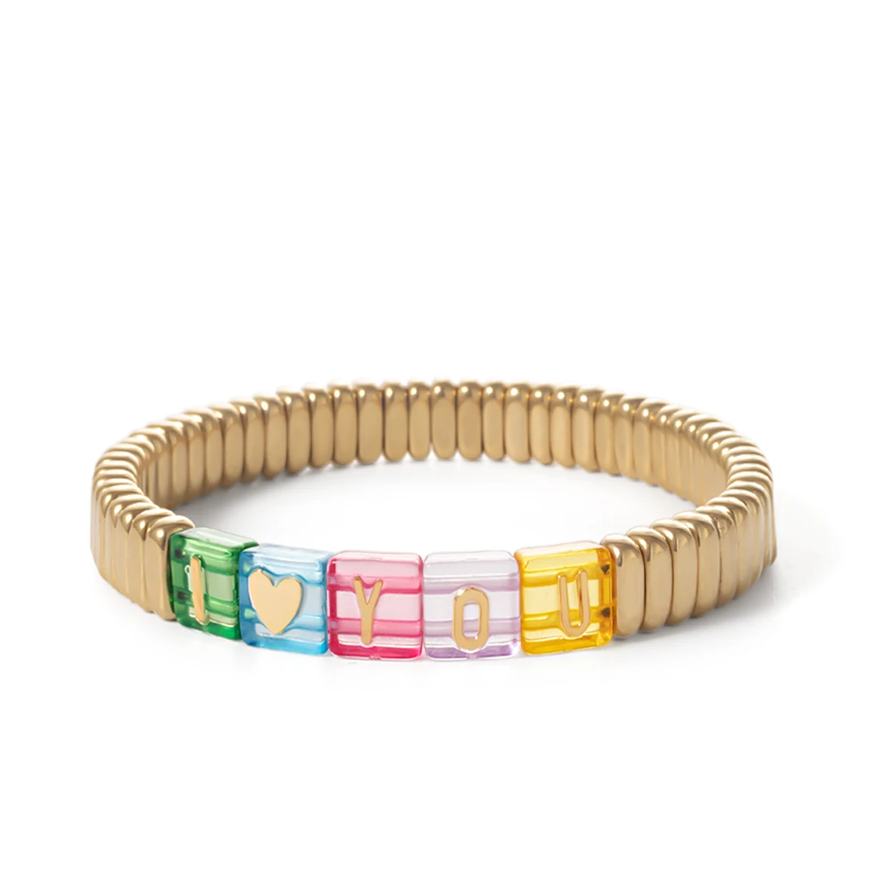 Wholesale Gold Silver Color Elastic Bracelets Handmade Letter Charms Bracelets For Women 2X8MM Beads Bracelets Bohemain Jewelry