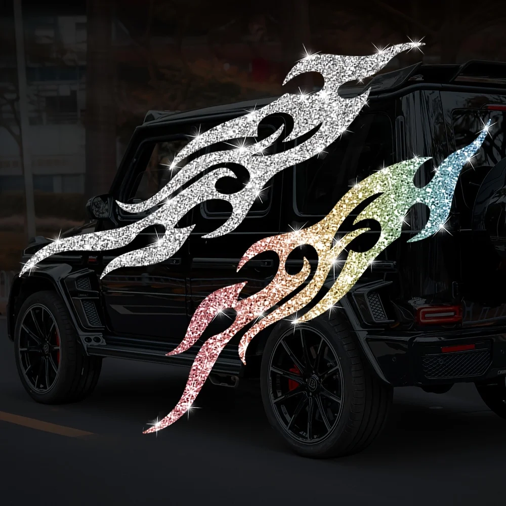 1Pair Imitation Diamond Glitter Flame Motorcycle Stickers Waterproof Motorbike Helmet Fuel Tank Car Rearview Mirror Vinyl Decals